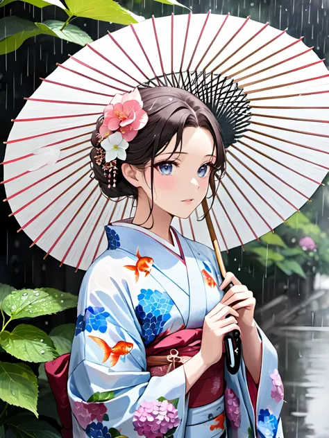 rainy season. hydrangea. a woman holding an umbrella. goldfish patterned clothes.
beautiful skin. extremely delicate and beautif...