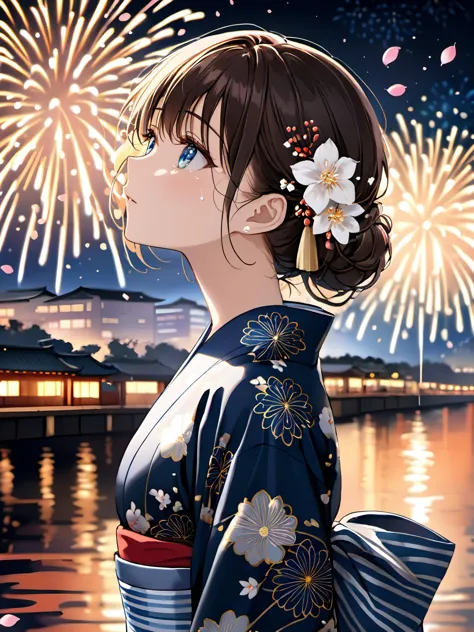 1 woman. flower background. petals. hair ornament. japanese clothes. line pattern clothes. night. river side. A lonely looking face. A face facing sideways. Looking up. side view.  fire works. tears.
beautiful skin. extremely delicate and beautiful. ultra detailed. clear eyes, detailed eyes. beautiful eyes. 
 <lora:yukata_XL_V1.0:1> yukata.