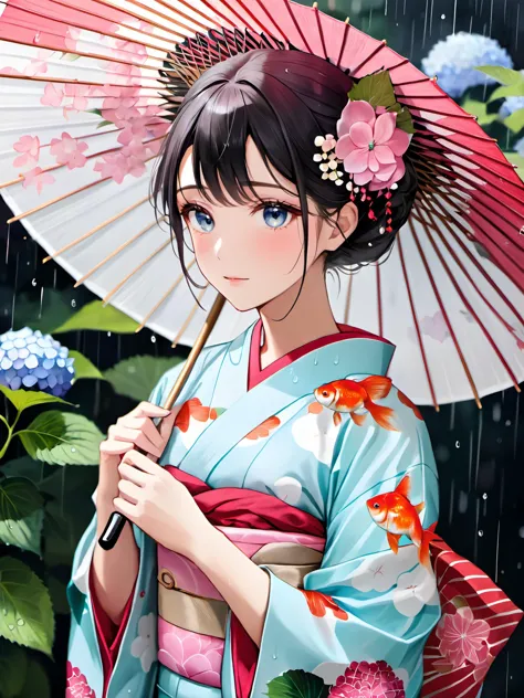 rainy season. hydrangea. a woman holding an umbrella. goldfish patterned clothes.
beautiful skin. extremely delicate and beautif...