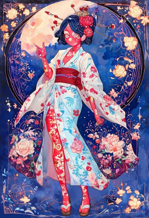 puntaje_9, puntaje_8_arriba, puntaje_7_arriba, expresivo, ArsMJEstilo, Art Nouveau,
jyojifuku, fluttering blue yukata, ropa japonesa, estampado floral, adorno para el pelo, sandalias, pictórico, luna brillante, dark sky,
imagen de alta resolución, obra maestra, mejor calidad, mujer, cara linda, 1 chica, (cuerpo perfecto con curvas), pequeña mama, provocando muslo desnudo, Escote, (mirada traviesa), mirando al espectador, ojos grandes y hermosos, 
poderoso resplandor alrededor de la niña, Estilo de iluminación de claroscuro, (piel resaltada:1.6), Pies delicados, explicit pose