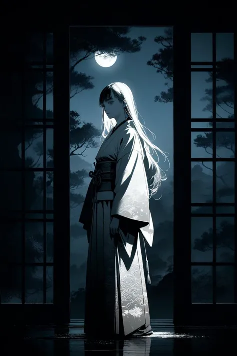 cinematic light,red and  white color scheme,background with minimalistic elements, bold contrast,strong color contrast,black shadows, white,illustration,official art,masterpiece,perfect artwork,1girl,solo,24yo,(white long hair:1.2),female samurai,Meiji period,moonlight, historical, serene, mystical, pale skin, refined features, calm and determined expression,white traditional kimono with soft, muted colors, intricate patterns, standing gracefully, holding a katana at her side, three-quarter view, capturing her full figure, slight movement as if ready for action, but in a composed manner, background with a serene night scene, full moon casting soft light, traditional Japanese garden or countryside, soft color palette with blues, whites, and gentle shadows, creating a peaceful and ethereal atmosphere,greyscale,ambient lighting, <lora:yukata_XL_V1.0:0.5>, <lora:Temple Guard v1.0:0.5>, outdoors, <lora:ç»ªå¿XL æ­¦ä¾ :0.3>, <lora:monochromemuse:0.3>,monochrome,ink splatter,