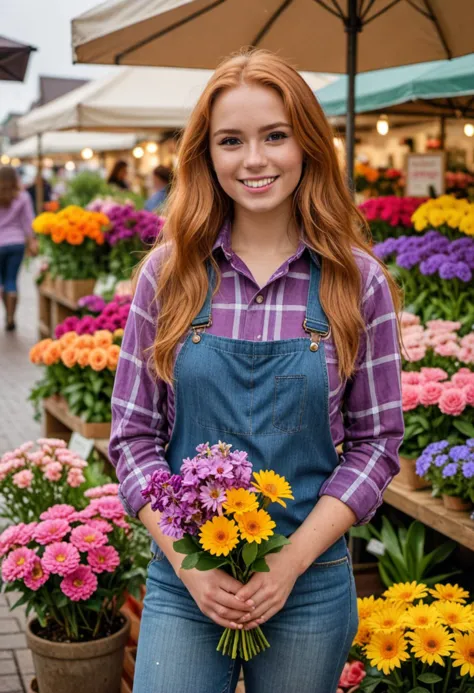 masterpiece, reality, 4k, (medium full shot) of (delightful florist) young woman, spanish, tan skin, light brown eyes, full-figu...