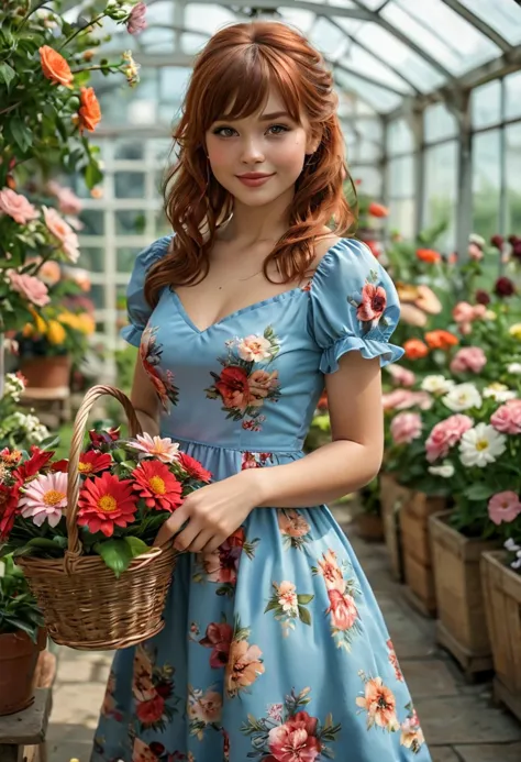 (medium full shot) of (pleasant florist) young woman, french, tan skin, brown eyes, voluptuous build, medium red bangs hair, wearing a blue elegant dress with floral designs, wedge sandals with floral accents, lipgloss, carrying a flower basket, set in  __cf-florist/location/greenhouse__, woman smiling, ,Masterpiece,best quality, photo, realistic, very aesthetic, detailed face,