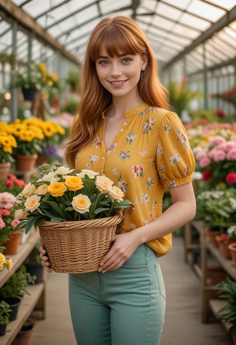 (medium full shot) of (graceful florist) young woman, italian, tan skin, jade green eyes, Medium build, medium ginger bangs hair, wearing a yellow floral blouse, linen jeans with floral accents, comfortable sandals, lipgloss, carrying a flower basket, set in  __cf-florist/location/greenhouse__, during sunset, woman smiling, Masterpiece,best quality, photo, realistic, very aesthetic, detailed face,