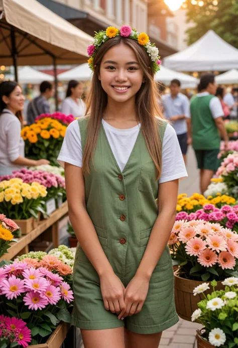 masterpiece, reality, 4k, (medium full shot) of (radiant florist) young woman, philippine, light skin, light brown eyes, normal ...