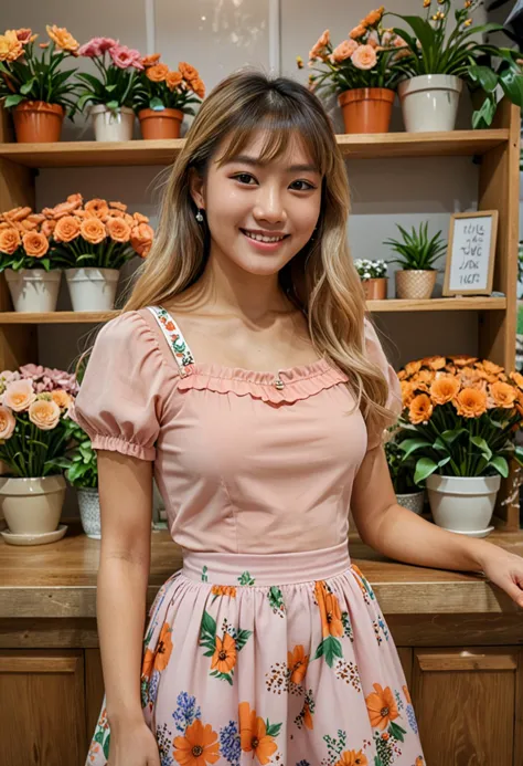 (medium full shot) of (sweet florist) young woman, korean, tan skin, brown eyes, tiny build, extra long blonde curtain bangs hai...