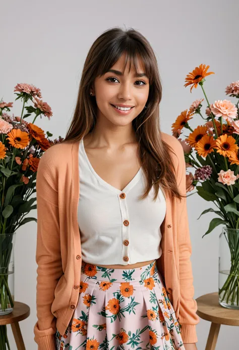 (medium full shot) of (charming florist) young woman, arabian, tan skin, brown eyes, Medium build, extra long hazel straight bangs hair, wearing a pastel orange simple cardigan, floral skirt, flats with floral patterns, light blush, stylish scarf, set in  studio, Photography Space, white backdrop for flower photography, a camera on a tripod, lighting equipment arranged, vases with floral arrangements ready for photos, a computer for editing , during sunset, woman smiling, ,Masterpiece,best quality, photo, realistic, very aesthetic, detailed face,