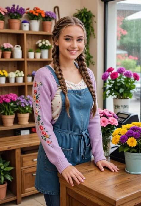 masterpiece, reality, 4k, (medium full shot) of (sweet florist) young woman, brazilian, tan skin, blue eyes, voluptuous build, l...