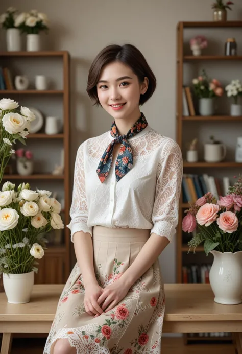 (medium full shot) of (elegant florist) young woman, korean, pale skin, light brown eyes, slender build, short dark hime cut hair, wearing a white lace shirt, floral skirt, canvas shoes with floral designs, lipgloss, stylish scarf, set in  studio, Consultation Room, cozy area with a small table and chairs, samples of floral designs on display, a shelf with books on flower arranging, a window with natural light, soft music playing , woman smiling, Masterpiece,best quality, photo, realistic, very aesthetic, detailed face,