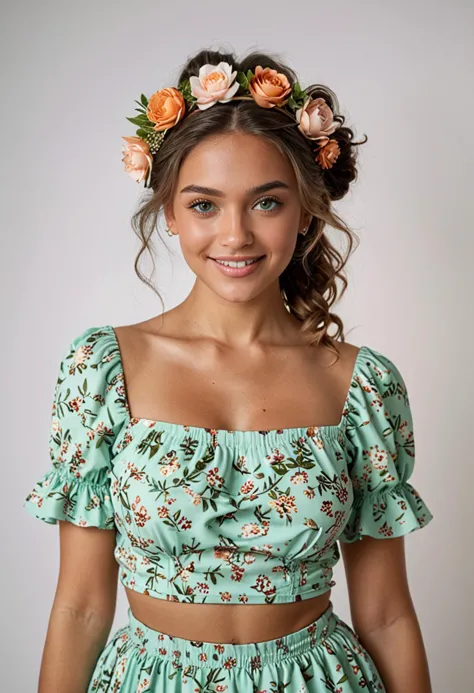 (medium full shot) of (graceful florist) young woman, spanish, tan skin, mint green eyes, willowy build, long hazel double buns hair, wearing a floral print lightweight top, floral skirt, comfortable sandals, eyeshadow, floral headband, set in  studio, Photography Space, white backdrop for flower photography, a camera on a tripod, lighting equipment arranged, vases with floral arrangements ready for photos, a computer for editing , during sunset, woman smiling, ,Masterpiece,best quality, photo, realistic, very aesthetic, detailed face,