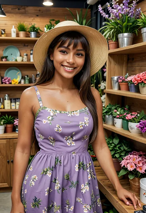 (medium full shot) of (sweet florist) young woman, indian, tan skin, jade green eyes, Medium build, extra long dark straight bangs hair, wearing a purple garden dress, garden clogs, lipgloss, stylish sun hat, set in  flower Shop Interior, colorful space with shelves of blooming flowers, a wooden counter with a cash register, potted plants in the corners, floral arrangements on display, at night, woman smiling, ,Masterpiece,best quality, photo, realistic, very aesthetic, detailed face,