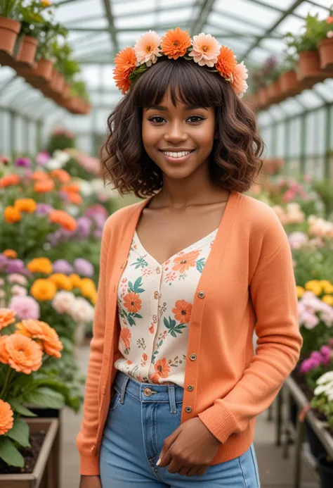 (medium full shot) of (radiant florist) young woman, black american, dark skin, brown eyes, Medium build, medium hazel bangs hair, wearing a pastel orange simple cardigan, linen jeans with floral accents, mary jane flats, eyeshadow, flower crown, set in  __cf-florist/location/greenhouse__, woman smiling, Masterpiece,best quality, photo, realistic, very aesthetic, detailed face,