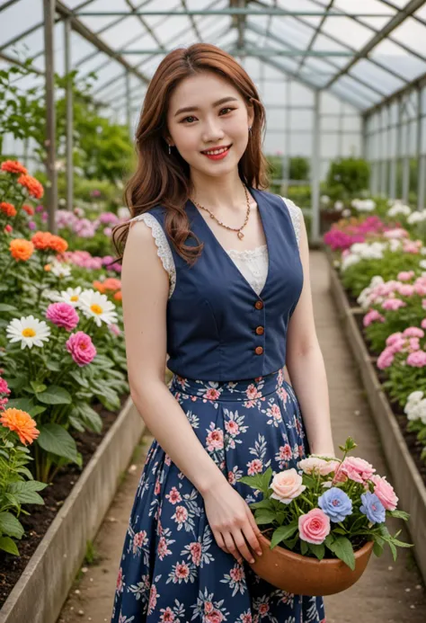 masterpiece, reality, 4k, (medium full shot) of (graceful florist) young woman, korean, pale skin, hazel eyes, curvy build, short brown half-up half-down hair, wearing a blue gardening vest, maxi skirt with floral patterns, garden clogs, lipgloss, necklace with floral pendant, set in  __cf-florist/location/greenhouse__, during sunset, woman smiling