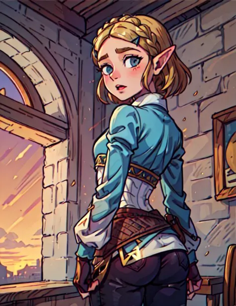 ((masterpiece)), (best quality), (ultra detailed), (digital), female, aazelda, princess zelda, blue eyes, short hair, crown braid, hairclip, pointy ears, blue shirt, puffy sleeves, long sleeves, fingerless gloves, black gloves, black pants, tight pants, standing, ass, buttlift, grabbing own ass, ass grab, spread ass, looking back at viewer, from behind, happy, blushing, medieval themed bedroom, window, sunset, castle in the background