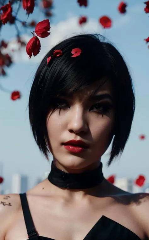 fashion photography, portrait, mefaith, short hair, black eyes, black hair, tattoo, red makeup, red glitter lipstick, sakura petals floating in the air  