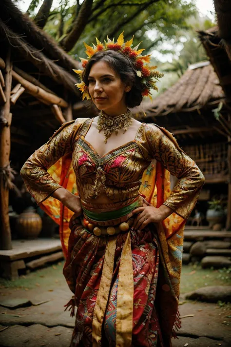 a woman in a colorful dress standing in front of a hut