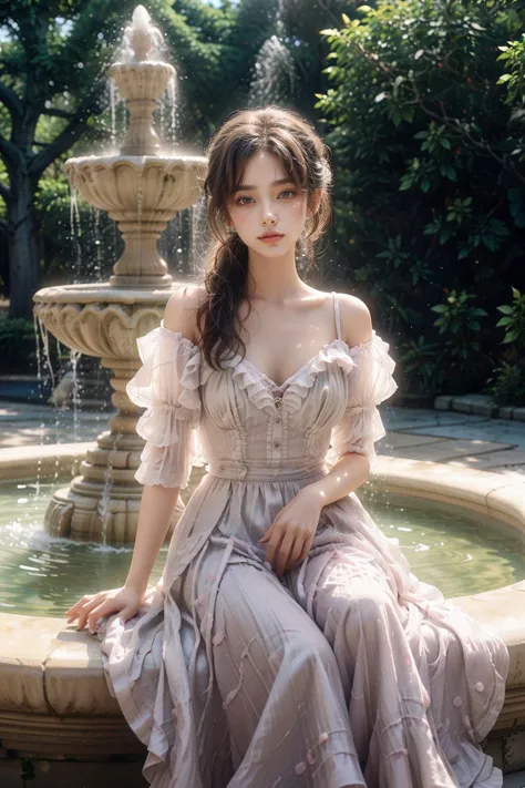 On this afternoon caressing by the warmth of the sun,a lithe girl sits quietly by an exquisitely decorated fountain. Her outfit ...