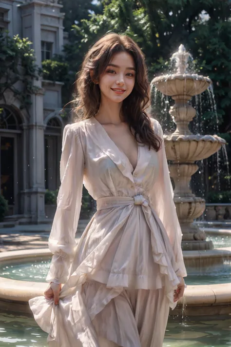 a close up of a woman in a dress standing near a fountain