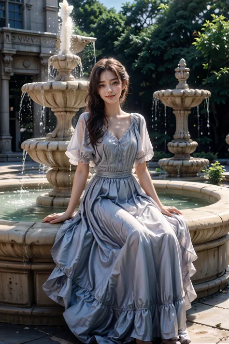 arafed woman sitting on a fountain in a dress