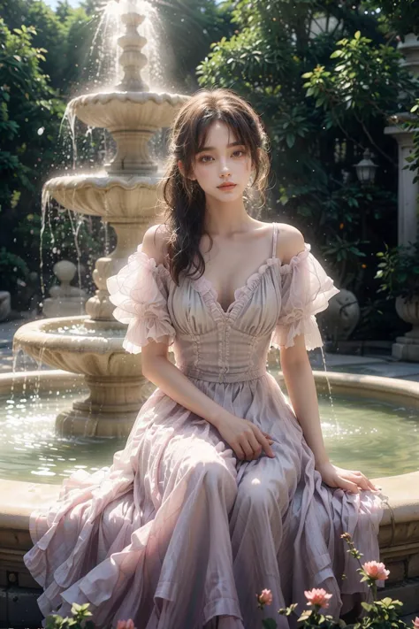 On this afternoon caressing by the warmth of the sun,a lithe girl sits quietly by an exquisitely decorated fountain. Her outfit ...