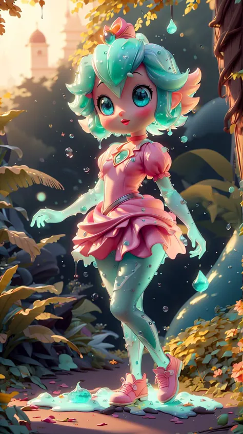 (),mintslimeskin,(luminescent translucent body:1.1),pink dress,1girl,female,princesspeach,(flat chest:1.21),(small breasts:1.21),narrow waist,skinny,groin,blue eyes,choker,detailed eyes,glossy lips,pink lips,light smile,masterpiece,perfect ligthing,bloom,cinematic lighting,day,outdoors,ocean,beach,highres,standing,looking at viewer,dynamic pose,solo focus,