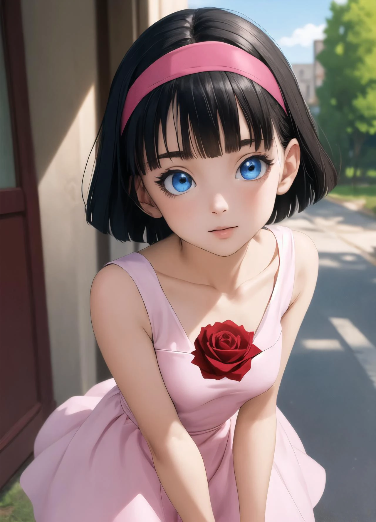 masterpiece, best quality, highest quality, photorealistic, perfect anatomy, perfect face, perfect eyes,
videldbspinkdress, 1girl, solo, black hair,  blue eyes, hairband, short hair, red hairband, dress, pink dress, rose, outdoors