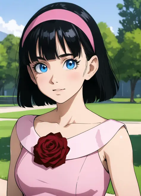 masterpiece, best quality, highest quality, photorealistic, perfect anatomy, perfect face, perfect eyes,
<lora:videldbspinkdress_ex_01:0.9>,  videldbspinkdress, 1girl, solo, black hair, dress, blue eyes, hairband, short hair, pink dress, flower, rose, red hairband, outdoors