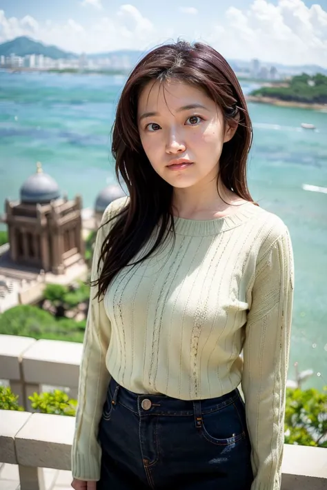 a woman standing on a balcony looking at the camera