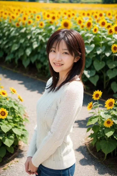 <lora:shihoactual01r:0.6> shiho,
portrait of a woman,
smile, "picturesque countryside with fields of blooming sunflowers.", "a t...