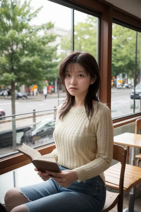 a woman sitting in a chair reading a book in a cafe