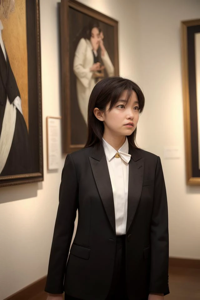 woman in a black suit standing in front of a painting