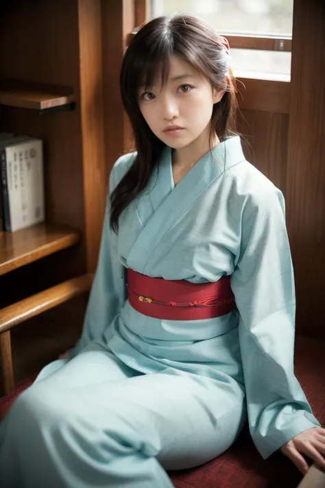 a close up of a woman in a blue kimono sitting on a chair