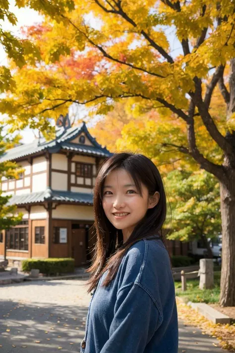 arafed asian woman standing in front of a house in the fall