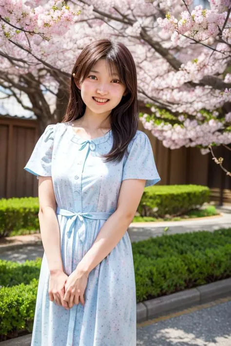 portrait, 1girl, solo,  shiho,  standing,, open mouth, "Japanese teenager in a spring dress with cherry blossom patterns."