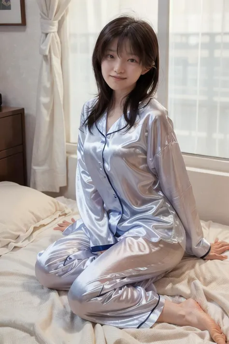 <lora:shihoActual08:0.8> shiho,
realistic photo of a girl,  1girl, solo, 
"A young woman in a stylish, silky pajama set stretches sleepily in her bed, the morning light filtering through sheer white curtains. Her hair is tousled, and her eyes have a soft, dreamy look. A fluffy white comforter and plush pillows surround her, creating a cozy and inviting atmosphere. A cup of coffee rests on a bedside table, steam gently rising from it. The soft, warm lighting and muted color palette create a serene and Instagram-worthy aesthetic."
<lora:AdvancedEnhancer:2>, bokeh, professional lighting,, [:(smile for camera):0.3]