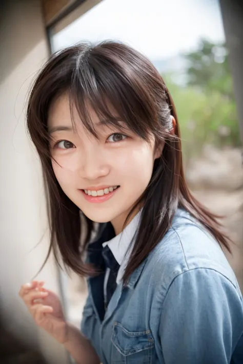 arafed asian woman with long hair wearing a blue shirt and tie