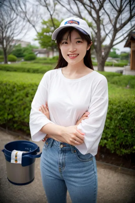 arafed woman in a white shirt and jeans standing in a park