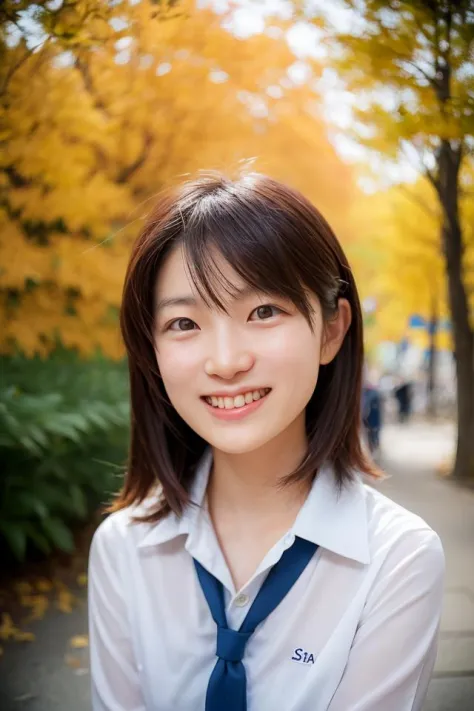 arafed asian woman in a white shirt and blue tie smiling