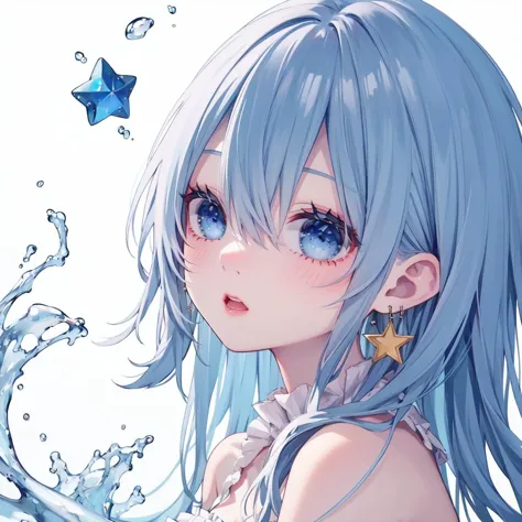 1girl,blue eyes,blue hair,solo,star (symbol),earrings,jewelry,water,white background,sideways,star earrings,bare shoulders,simple background,looking at viewer,from side,hair between eyes,bangs,parted lips,open mouth,virtual youtuber,frills,