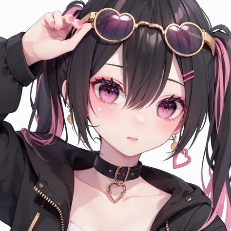 1girl,solo,bandaid,black hair,twintails,multicolored hair,looking at viewer,pink hair,eyewear on head,white background,collar,pink eyes,collarbone,hair ornament,bangs,heart,blush,simple background,bandaid on face,jewelry,hair between eyes,upper body,hairclip,pink nails,nail polish,sleeves past wrists,earrings,long hair,sunglasses,round eyewear,jacket,two-tone hair,streaked hair,long sleeves,shirt,black jacket,hands up,portrait,glasses,