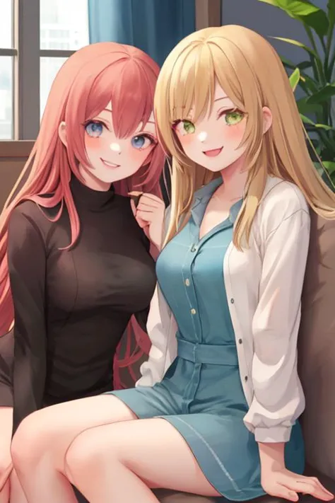 2girls smiling, sitting