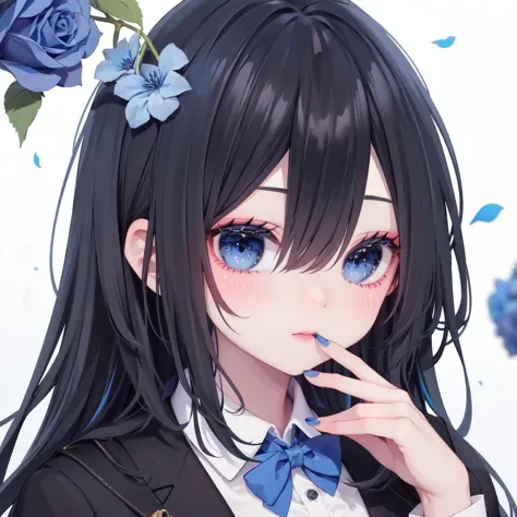 1girl, blue flower, blue rose, solo, flower, rose, blue eyes, holding, petals, shirt, long hair, looking at viewer, hair between eyes, bangs, collared shirt, black hair, blue hair, jacket, holding flower, white shirt, bow, multicolored hair, black jacket, black bow, nail polish, bowtie, blue nails, upper body, covered mouth, makeup, eyelashes, fingernails, black bowtie, hand up, two-tone hair