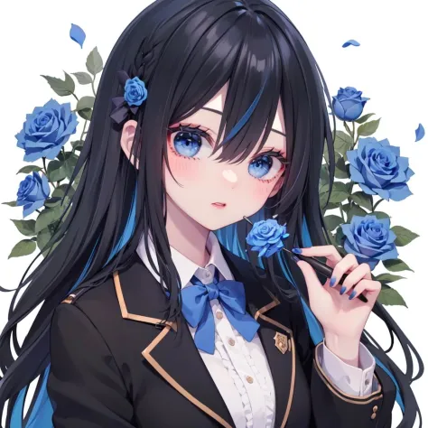 1girl, blue flower, blue rose, solo, flower, rose, blue eyes, holding, petals, shirt, long hair, looking at viewer, hair between eyes, bangs, collared shirt, black hair, blue hair, jacket, holding flower, white shirt, bow, multicolored hair, black jacket, black bow, nail polish, bowtie, blue nails, upper body, covered mouth, makeup, eyelashes, fingernails, black bowtie, hand up, two-tone hair