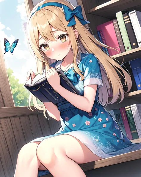 1girl,(((holding book))) ,,(((blush))),((shy)),(looking away:1.4),indoors,bookshelf,atlantis,transparent glass, solo,sitting,butterfly, looking_at_viewer,blue_butterfly, cute girl,,,hair_bow,bow,bow_hairband,hairband,blue_hairband,blue bow, jewelry,,, bangs, brown_eyes,floral_print, dress, print_dress, blue_bow, short_sleeves,long_hair,blonde hair,head tilt, dutch angle,dynamic angle,feet out of frame,shadow,beautiful lighting,,