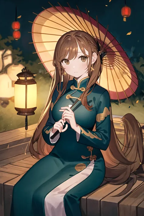 anime girl sitting on a bench with an umbrella and a lantern