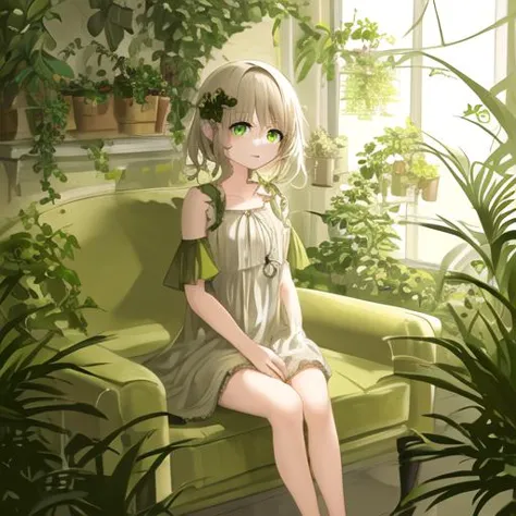 anime girl sitting on a green couch in a room with plants