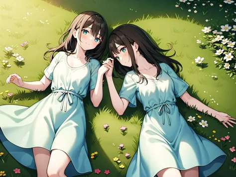 two girls in blue dresses laying on the grass with flowers