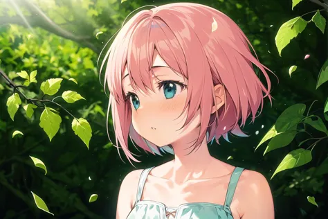 anime girl with pink hair and blue eyes standing in front of a tree