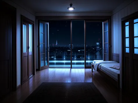 a dimly lit room with a bed and a window overlooking a city