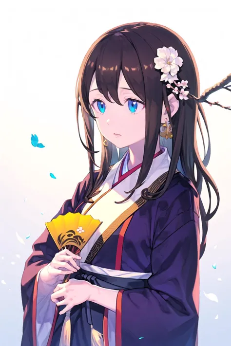 <lora:enkyo:1>,jewelry, solo, earrings, flower, 1girl, holding, branch, hanfu, 1boy, hair ornament, long hair, hand fan, chinese clothes, holding fan, upper body, long sleeves, blue eyes, black hair, white background, brown hair, hair flower, purple dress, looking down, male focus